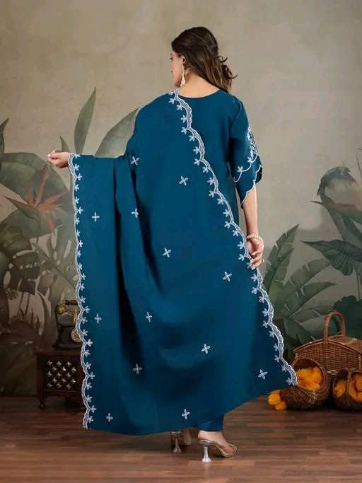 Embroidered Blue Roman Silk 3-Piece Kurta Pant Set with Chanderi Dupatta thumbnail 2