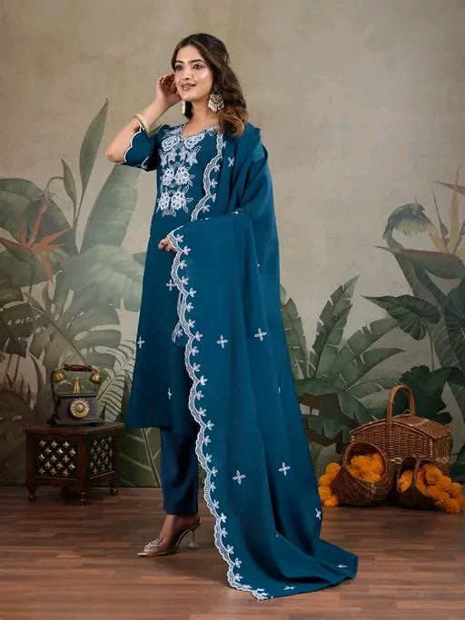 Embroidered Blue Roman Silk 3-Piece Kurta Pant Set with Chanderi Dupatta thumbnail 3