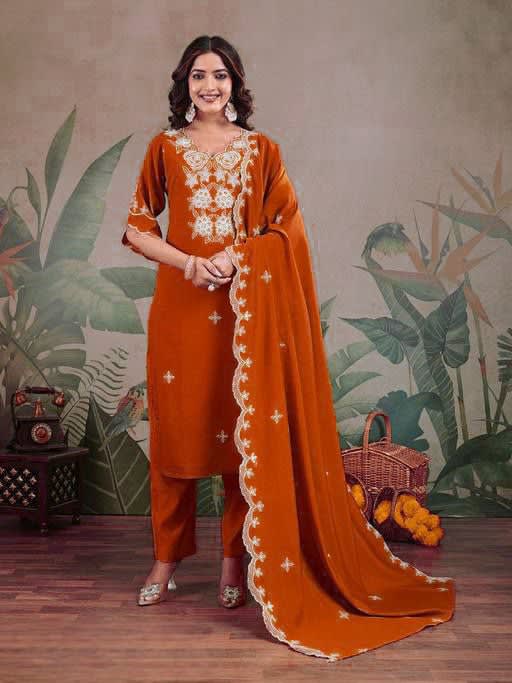 Embroidered Orange Roman Silk 3-Piece Kurta Pant Set with Chanderi Dupatta thumbnail 1
