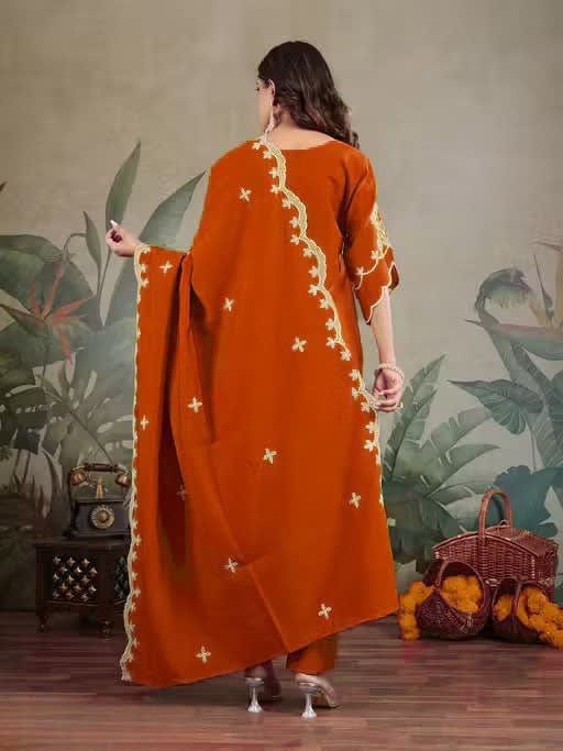 Embroidered Orange Roman Silk 3-Piece Kurta Pant Set with Chanderi Dupatta thumbnail 2