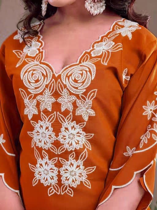 Embroidered Orange Roman Silk 3-Piece Kurta Pant Set with Chanderi Dupatta thumbnail 4