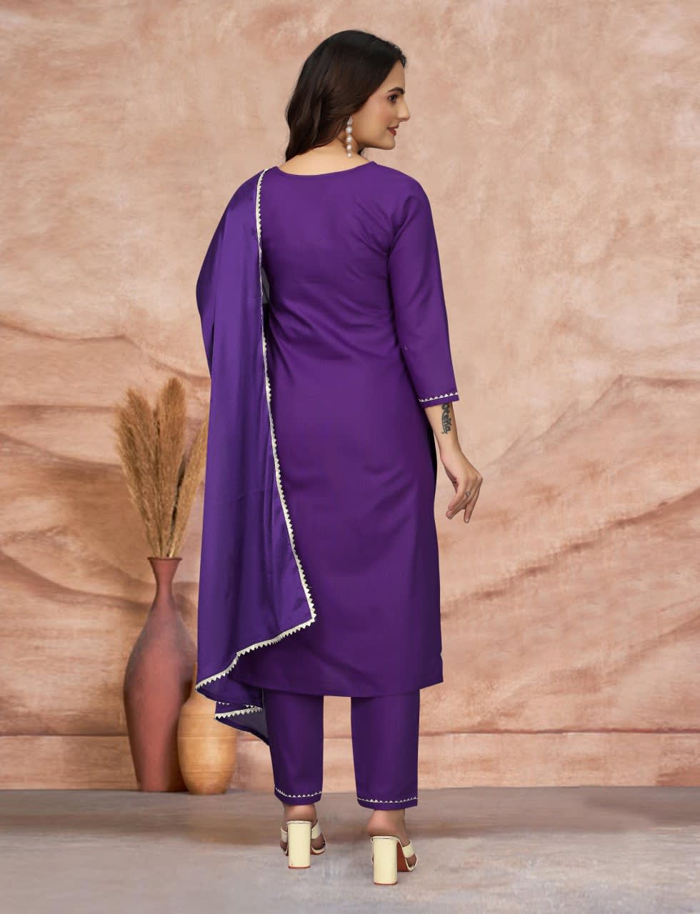 Embroidered Purple Cotton Blend 3-Piece Kurta Pant Set with Silk Dupatta thumbnail 2