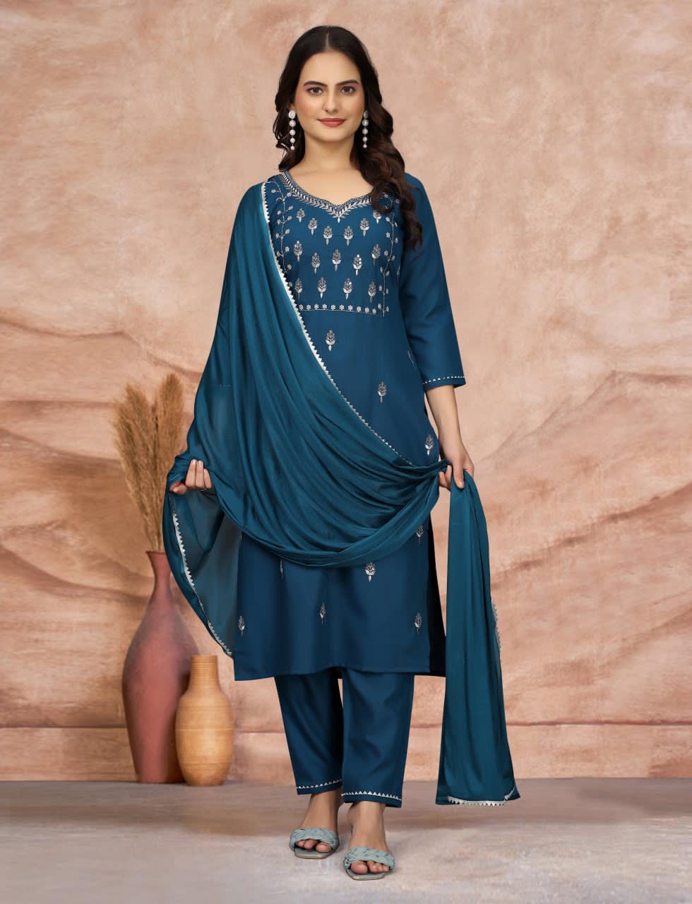 Embroidered Indigo Blue Cotton Blend 3-Piece Kurta Pant Set with Silk Dupatta thumbnail 1