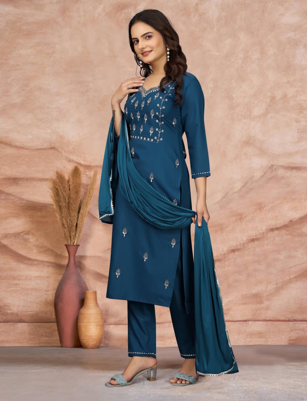 Embroidered Indigo Blue Cotton Blend 3-Piece Kurta Pant Set with Silk Dupatta thumbnail 3