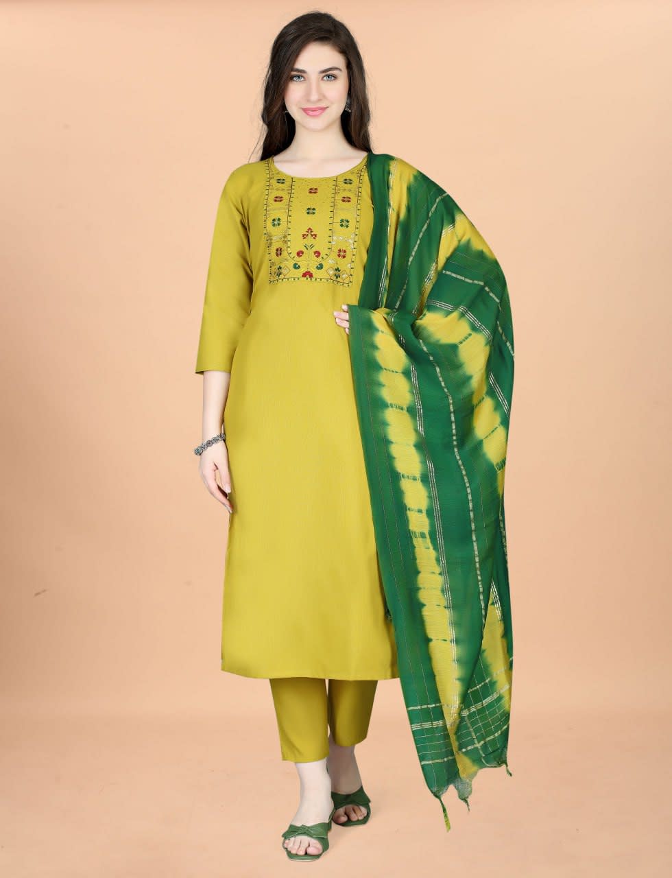 Embroidered Yellow Cotton Blend 3-Piece Kurta Pant Set with Green Chanderi Dupatta thumbnail 1