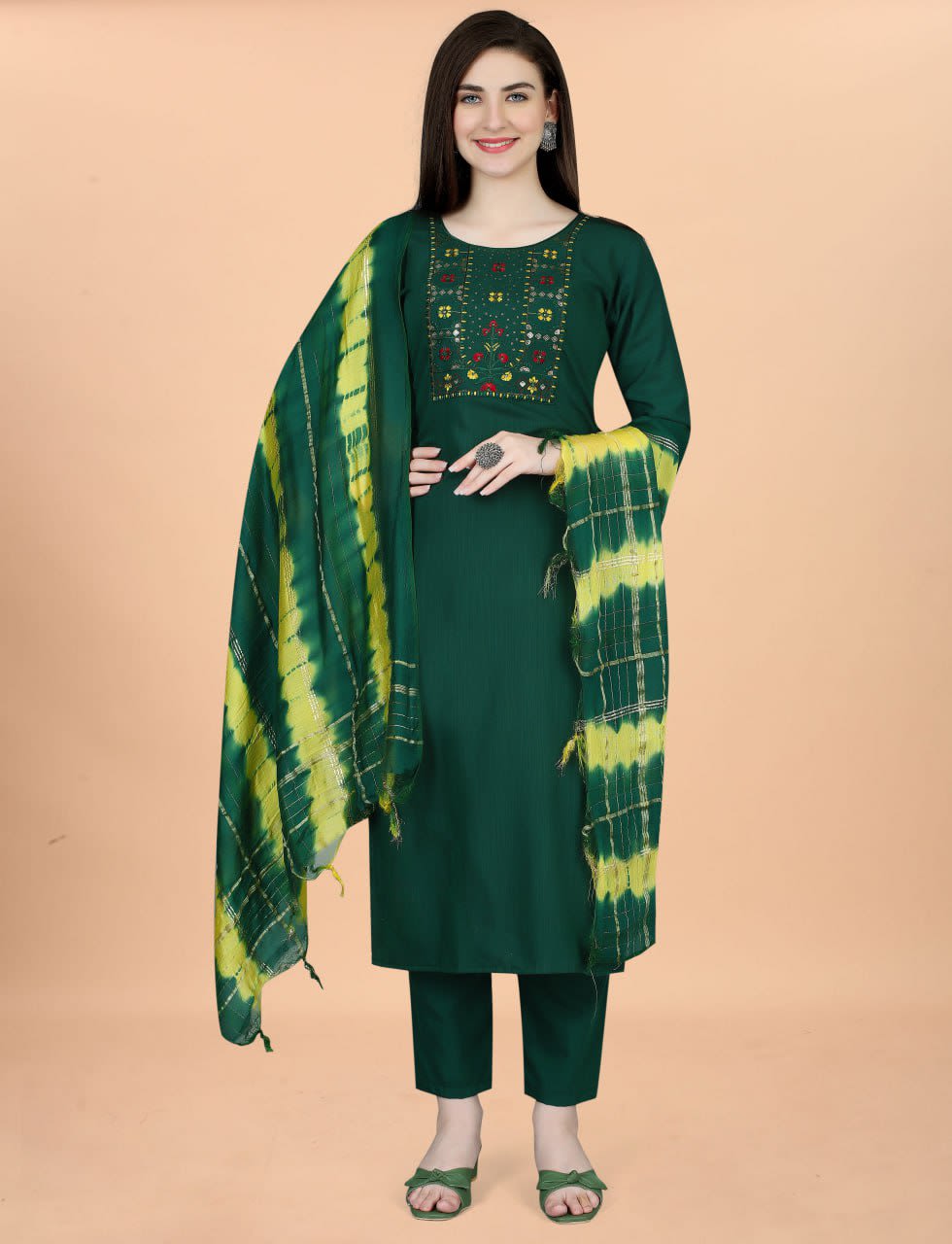 Embroidered Green Cotton Blend 3-Piece Kurta Pant Set with Chanderi Dupatta thumbnail 1