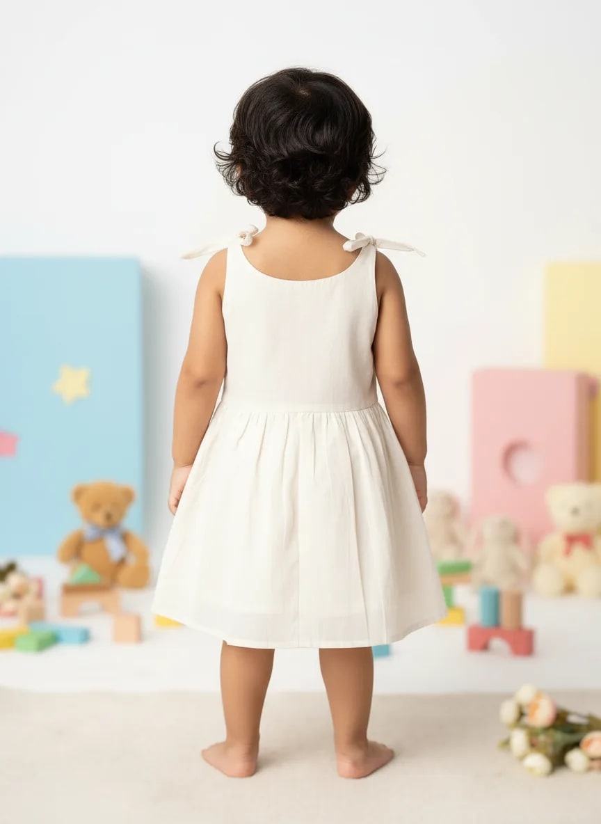 Girls Cream Cotton Embroidered Fit & Flare Frock Dress thumbnail 2