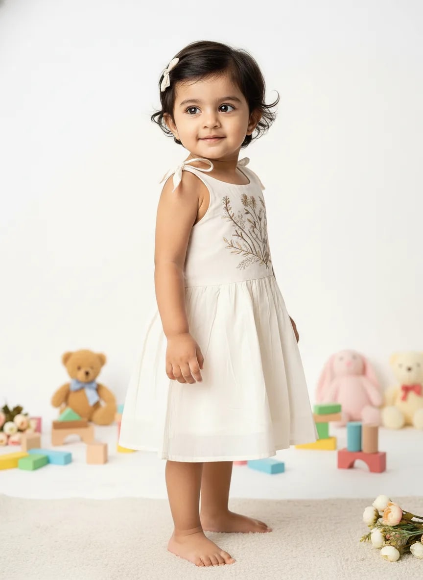 Girls Cream Cotton Embroidered Fit & Flare Frock Dress thumbnail 3