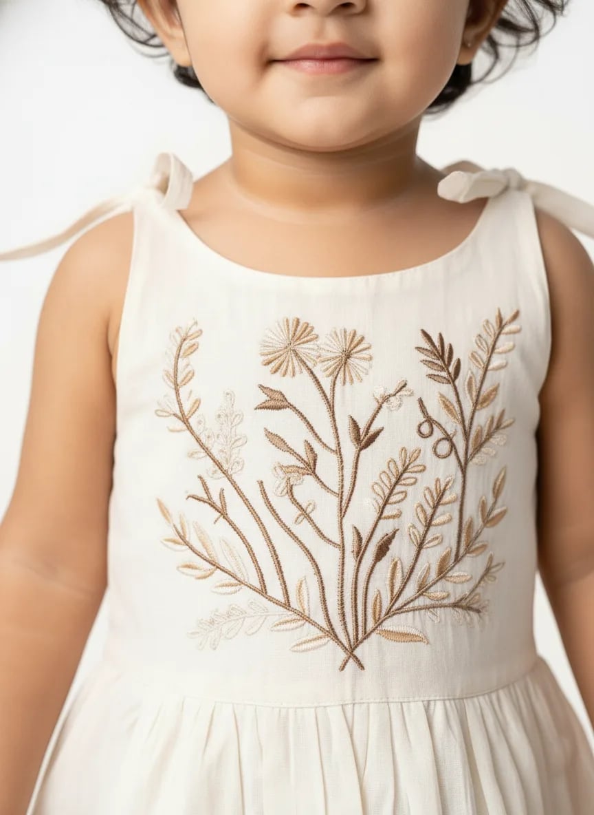 Girls Cream Cotton Embroidered Fit & Flare Frock Dress thumbnail 4