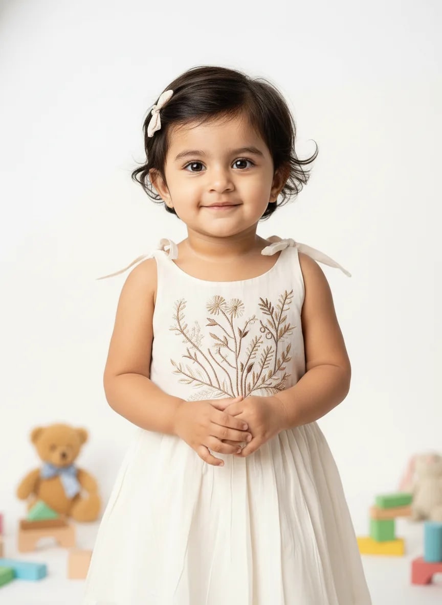 Girls Cream Cotton Embroidered Fit & Flare Frock Dress thumbnail 5
