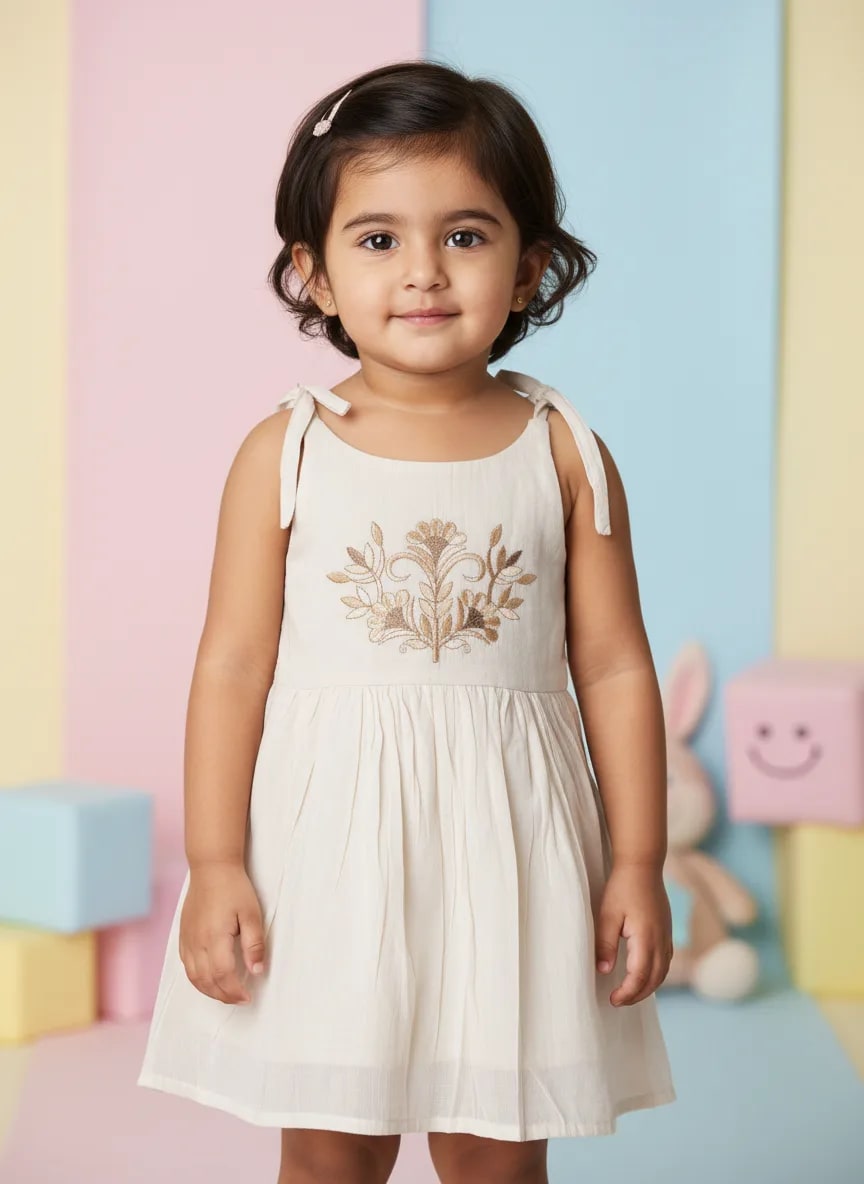 Girls Off-White Cotton Embroidered Fit & Flare Frock Dress – Floral Vine Design thumbnail 1