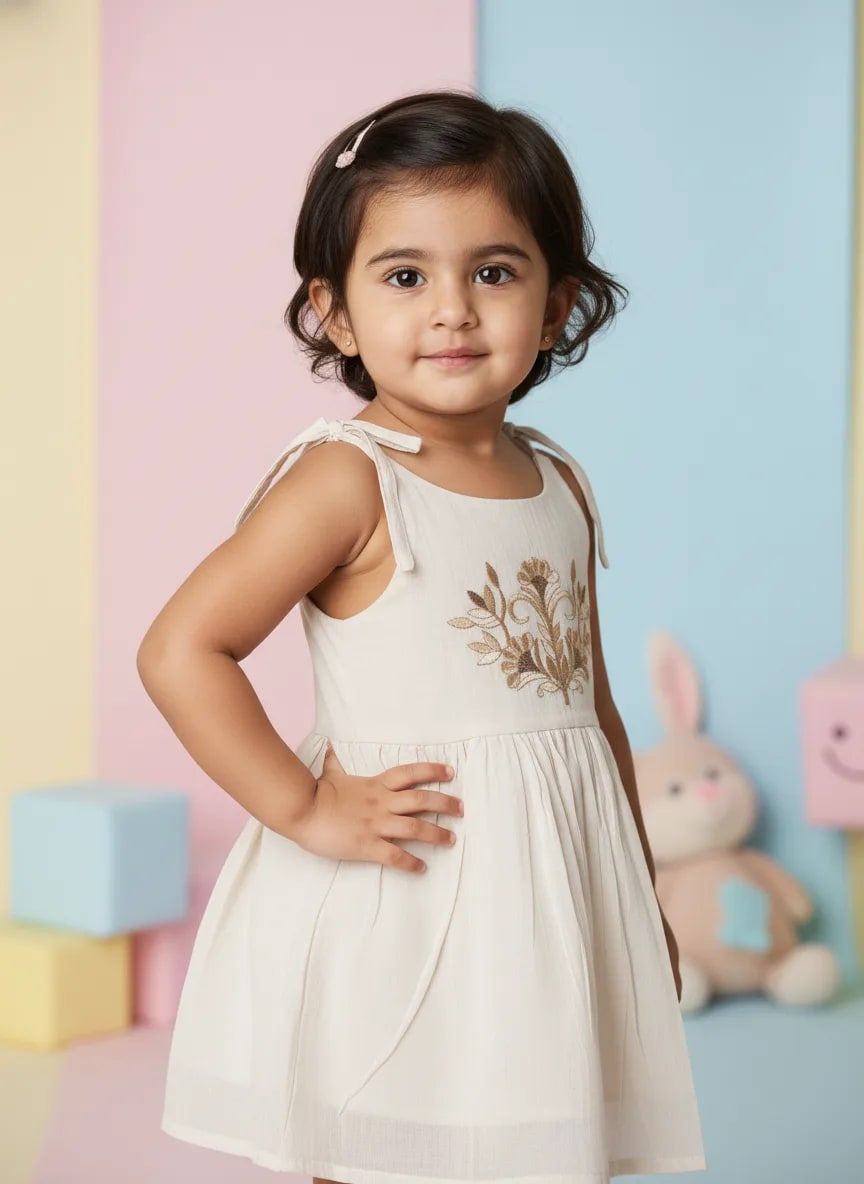 Girls Off-White Cotton Embroidered Fit & Flare Frock Dress – Floral Vine Design thumbnail 2