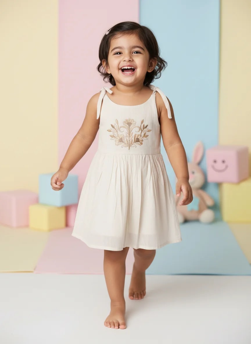Girls Off-White Cotton Embroidered Fit & Flare Frock Dress – Floral Vine Design thumbnail 3