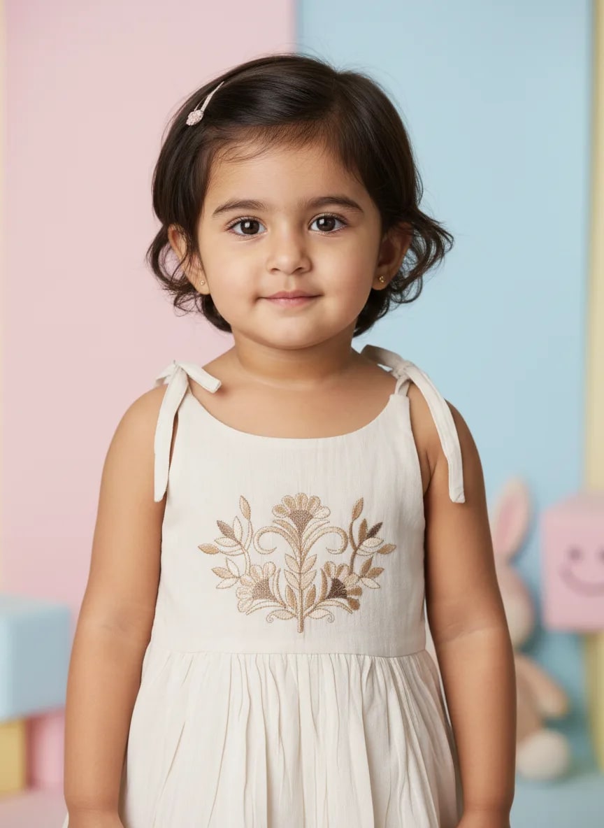 Girls Off-White Cotton Embroidered Fit & Flare Frock Dress – Floral Vine Design thumbnail 5