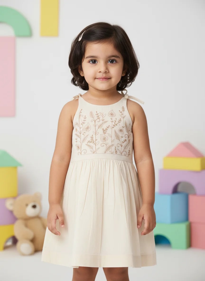 Girls Off-White Cotton Embroidered Fit & Flare Frock Dress – Leaf Vine Yoke Design