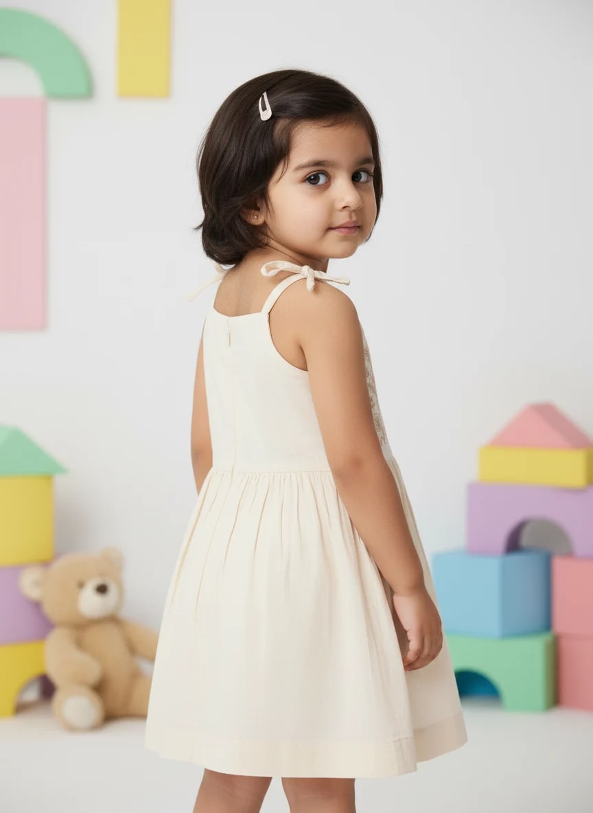 Girls Off-White Cotton Embroidered Fit & Flare Frock Dress – Leaf Vine Yoke Design thumbnail 2