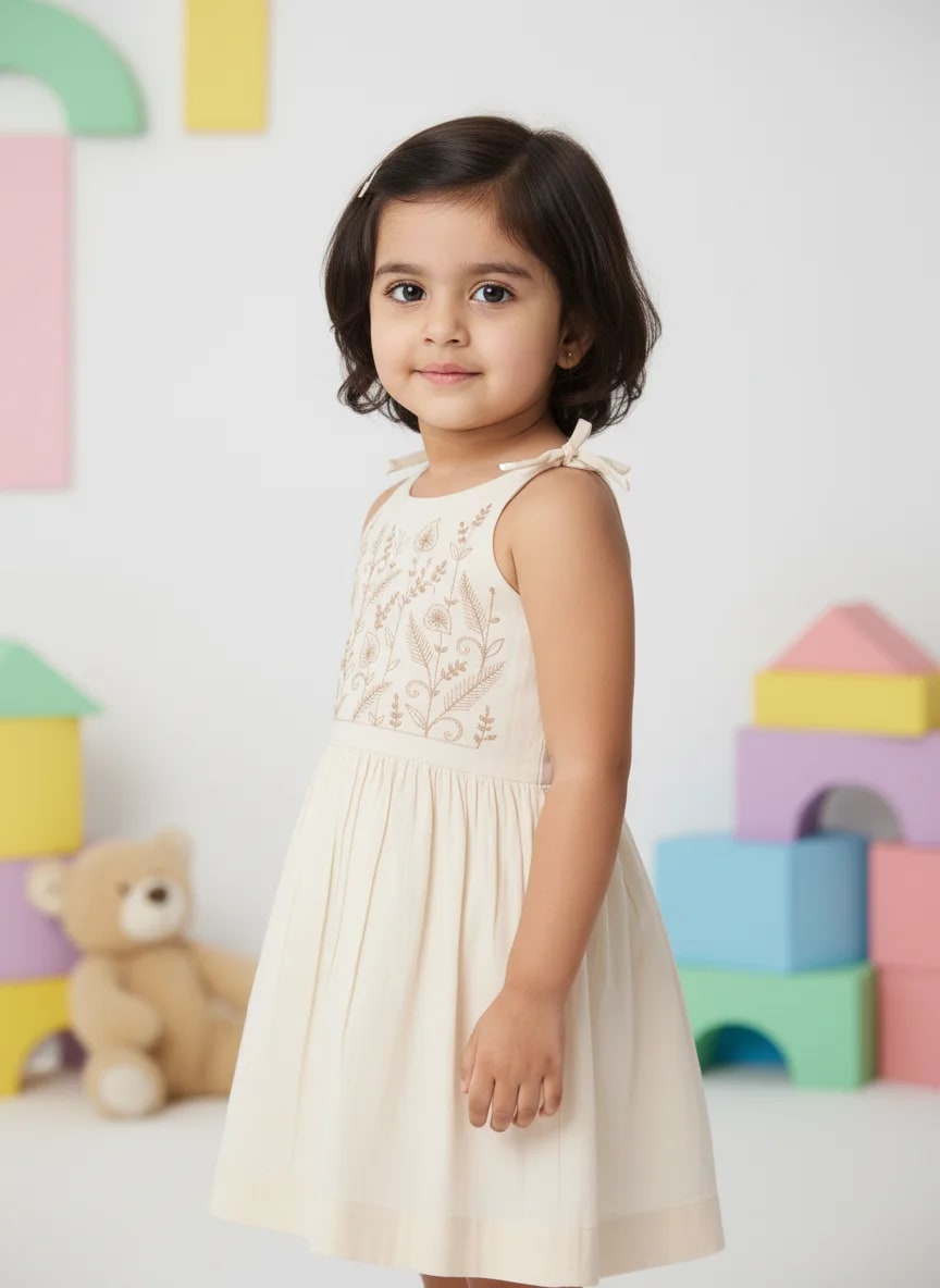 Girls Off-White Cotton Embroidered Fit & Flare Frock Dress – Leaf Vine Yoke Design thumbnail 3