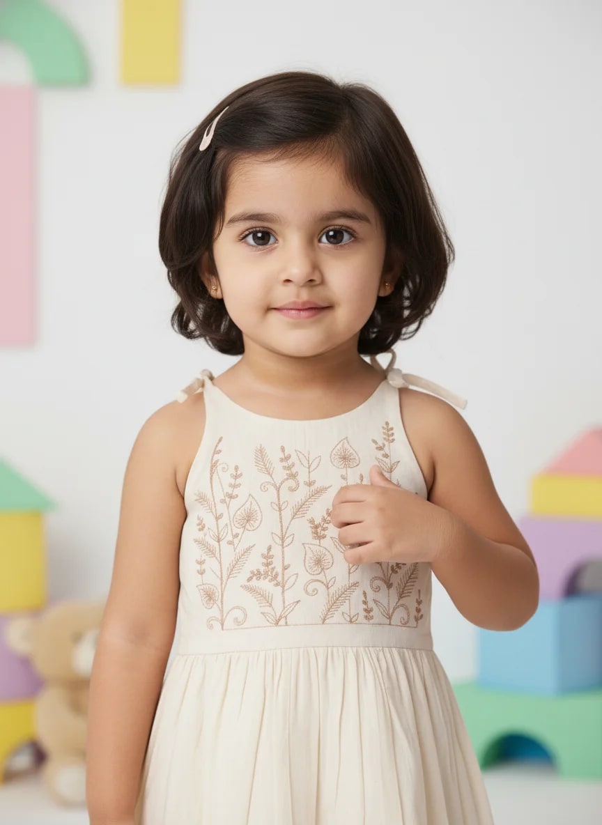 Girls Off-White Cotton Embroidered Fit & Flare Frock Dress – Leaf Vine Yoke Design thumbnail 4