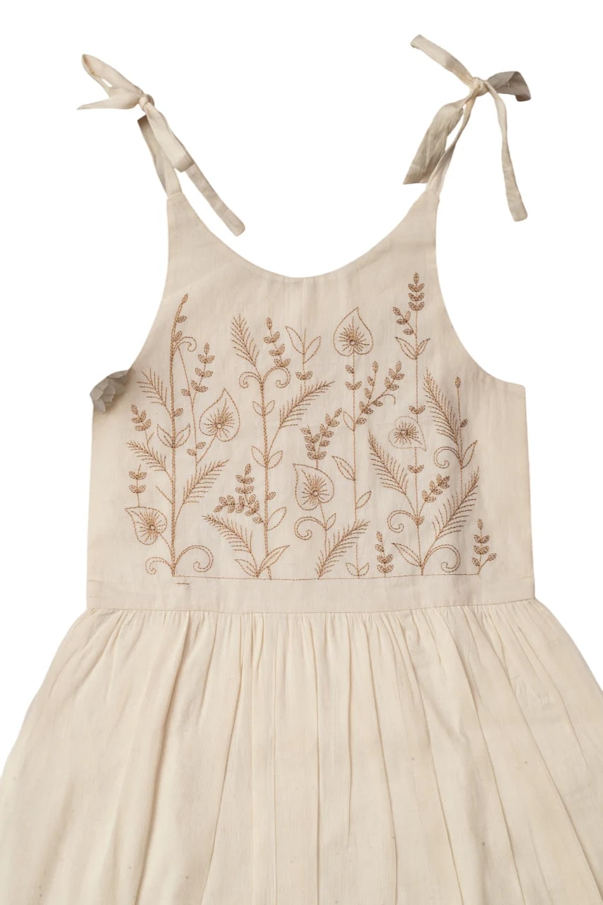Girls Off-White Cotton Embroidered Fit & Flare Frock Dress – Leaf Vine Yoke Design thumbnail 5