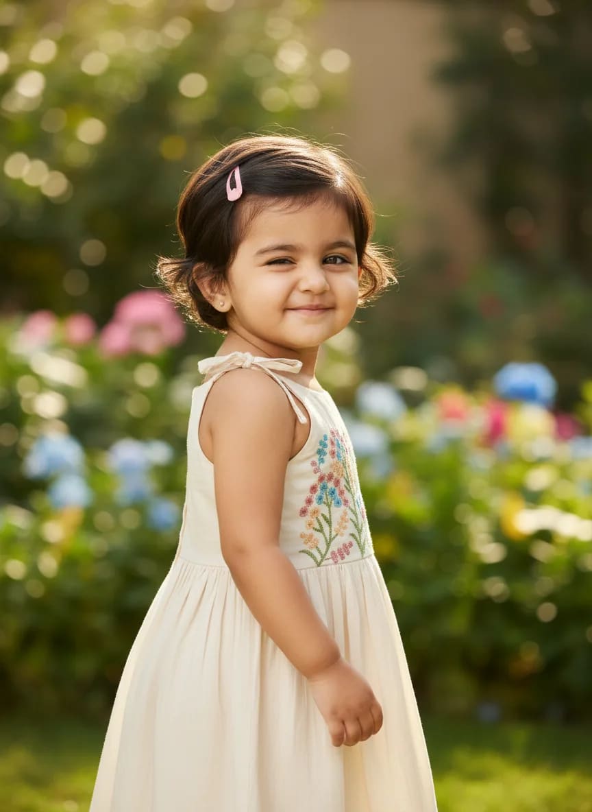 Girls Off-White Cotton Embroidered Fit & Flare Frock Dress – Multicolor Floral Yoke thumbnail 2