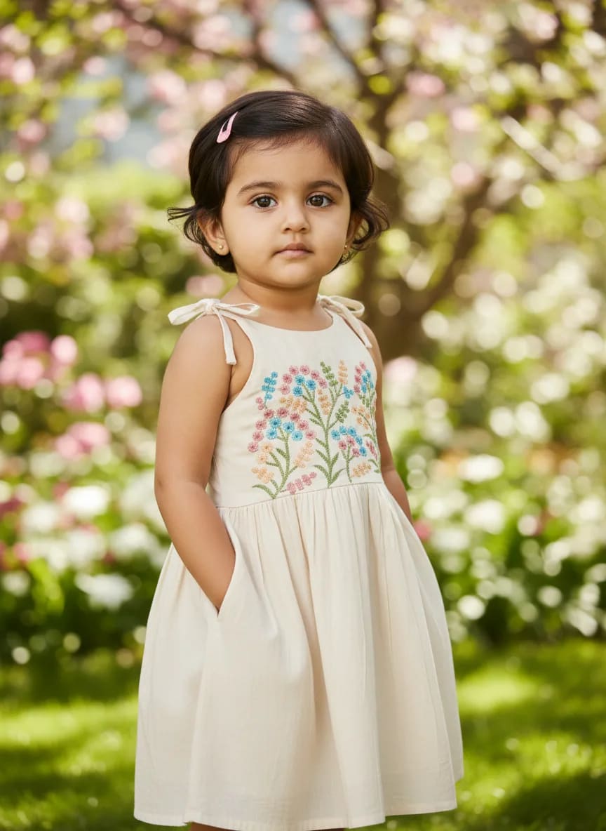 Girls Off-White Cotton Embroidered Fit & Flare Frock Dress – Multicolor Floral Yoke thumbnail 3