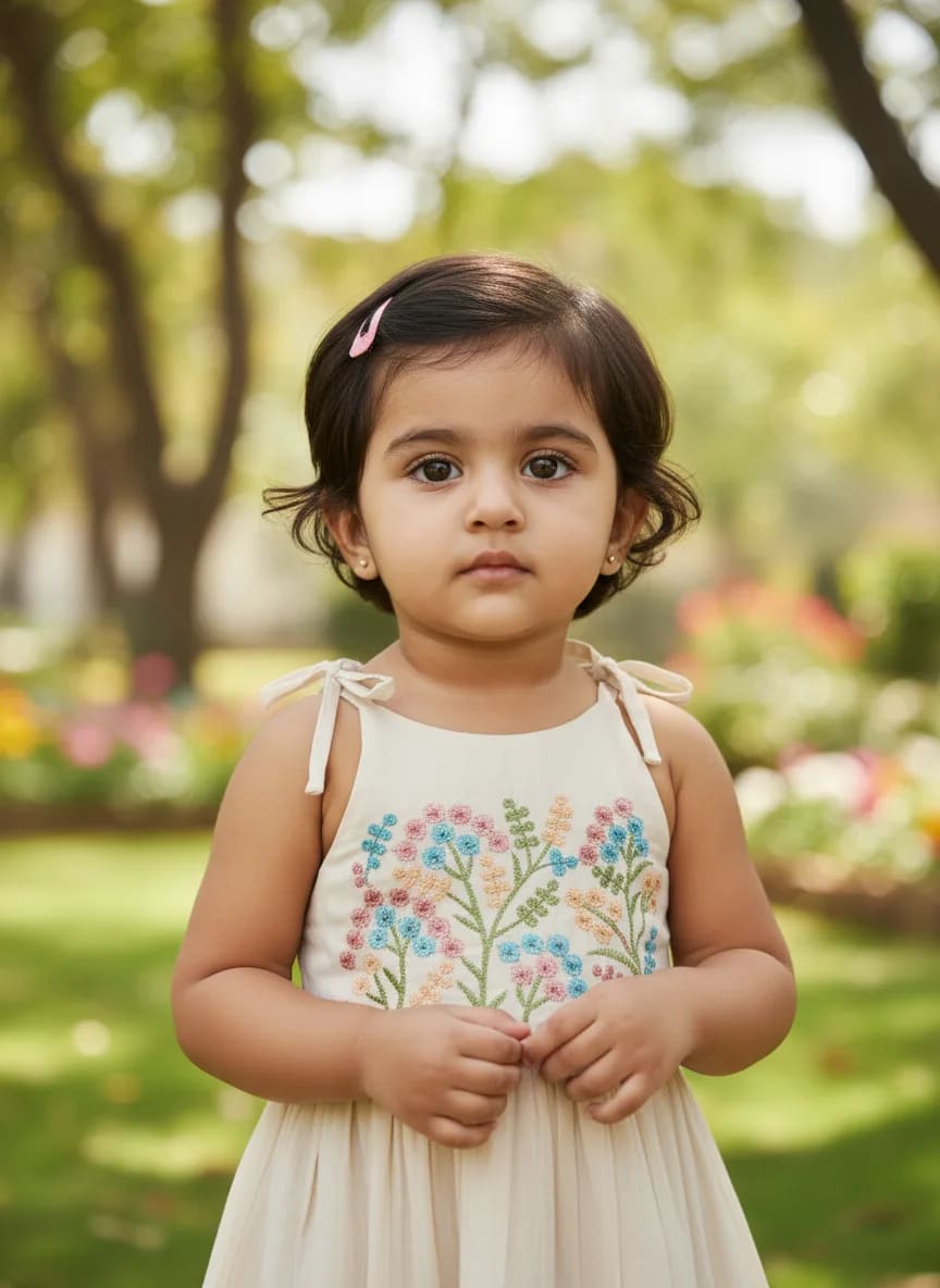 Girls Off-White Cotton Embroidered Fit & Flare Frock Dress – Multicolor Floral Yoke thumbnail 4