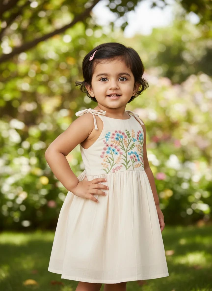 Girls Off-White Cotton Embroidered Fit & Flare Frock Dress – Multicolor Floral Yoke thumbnail 5