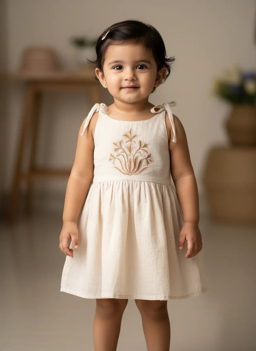 Girls Off-White Cotton Embroidered Fit & Flare Frock Dress – Classic Single Motif Design thumbnail 1