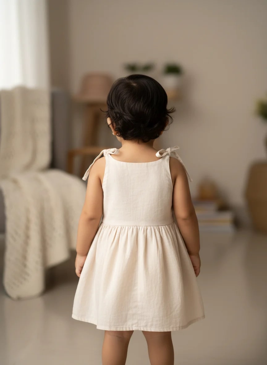 Girls Off-White Cotton Embroidered Fit & Flare Frock Dress – Classic Single Motif Design thumbnail 2