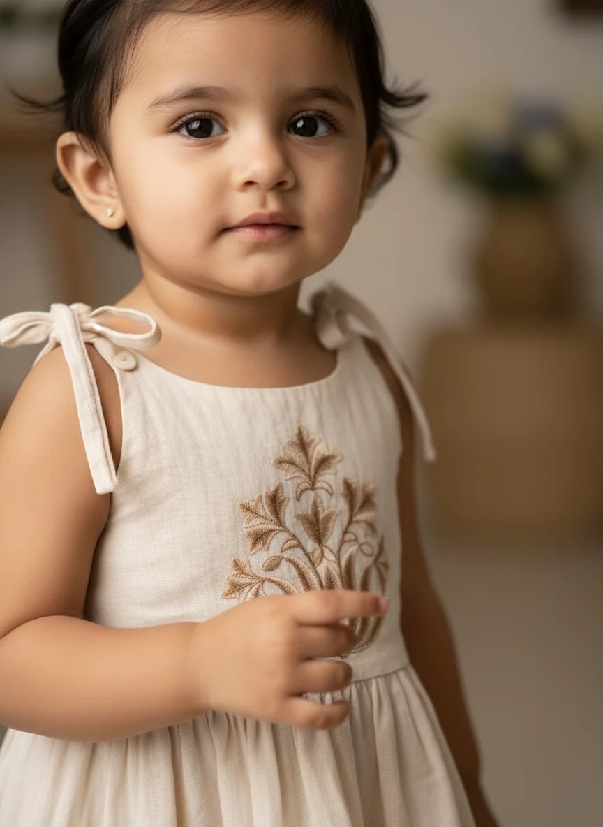 Girls Off-White Cotton Embroidered Fit & Flare Frock Dress – Classic Single Motif Design thumbnail 4