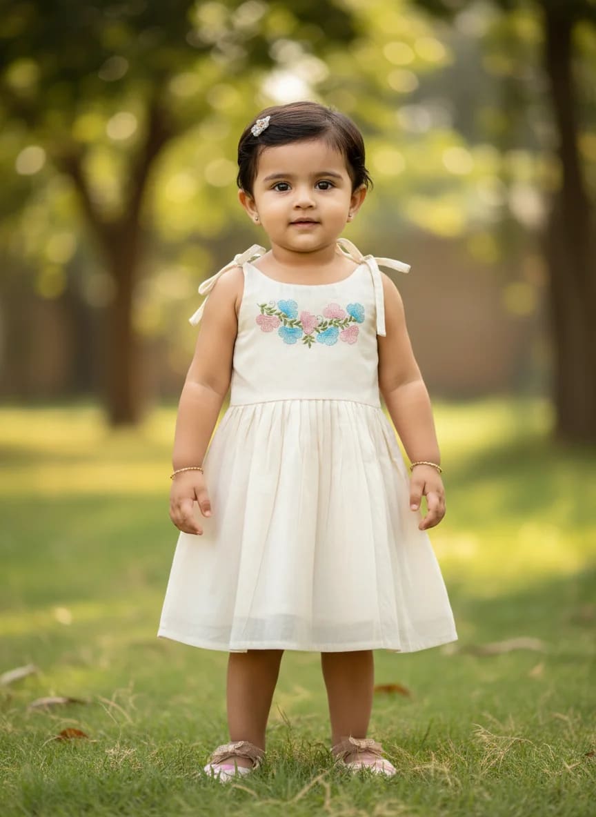 Girls Off-White Cotton Embroidered Fit & Flare Frock Dress – Floral Band Design thumbnail 1