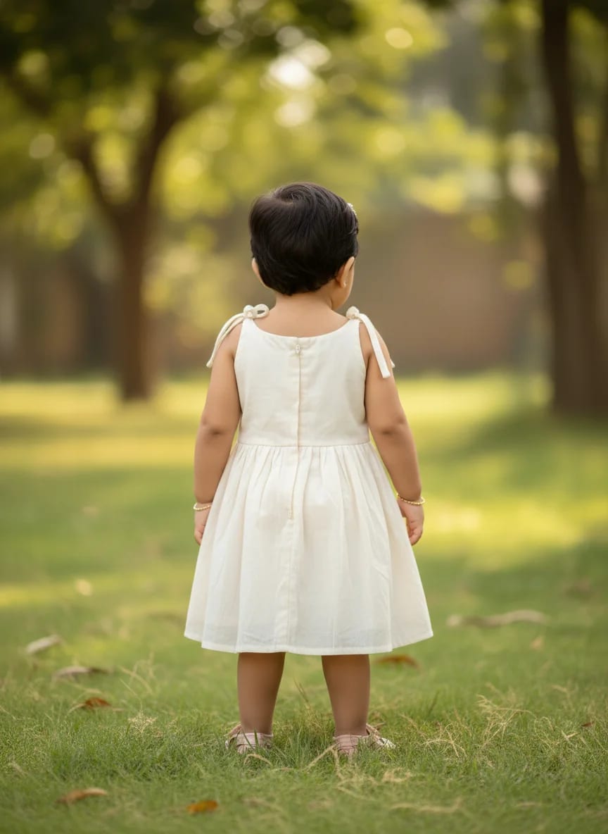 Girls Off-White Cotton Embroidered Fit & Flare Frock Dress – Floral Band Design thumbnail 2