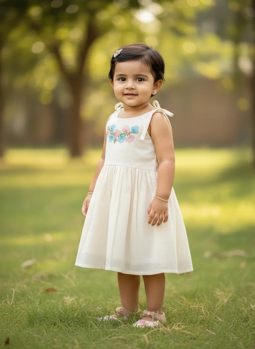 Girls Off-White Cotton Embroidered Fit & Flare Frock Dress – Floral Band Design thumbnail 3