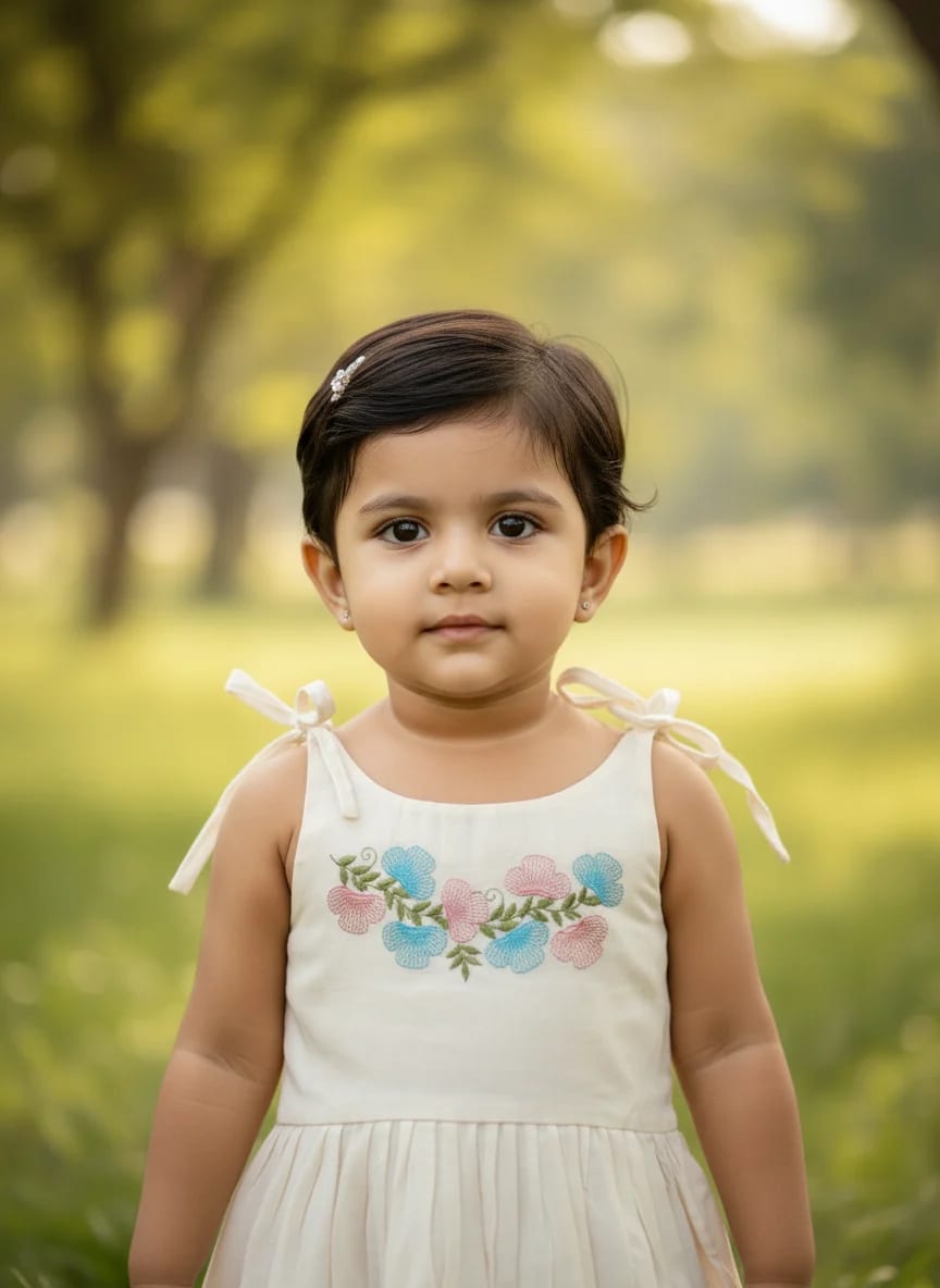 Girls Off-White Cotton Embroidered Fit & Flare Frock Dress – Floral Band Design thumbnail 4