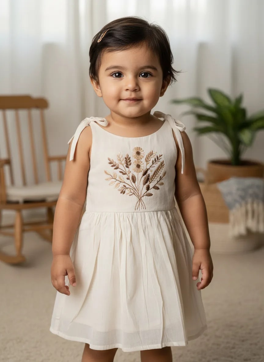 Girls Off-White Cotton Embroidered Fit & Flare Frock Dress – Leaf Bouquet Design thumbnail 1