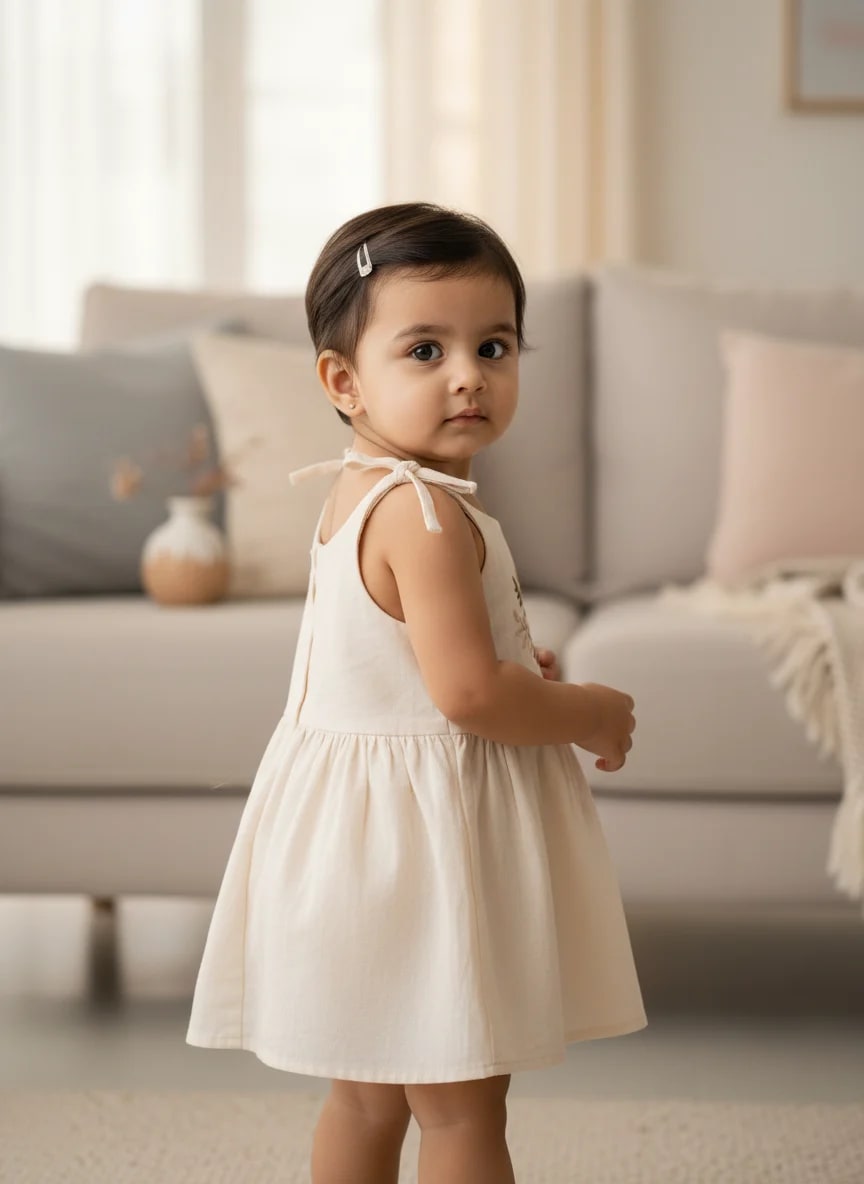 Girls Off-White Cotton Embroidered Fit & Flare Frock Dress – Leaf Bouquet Design thumbnail 2