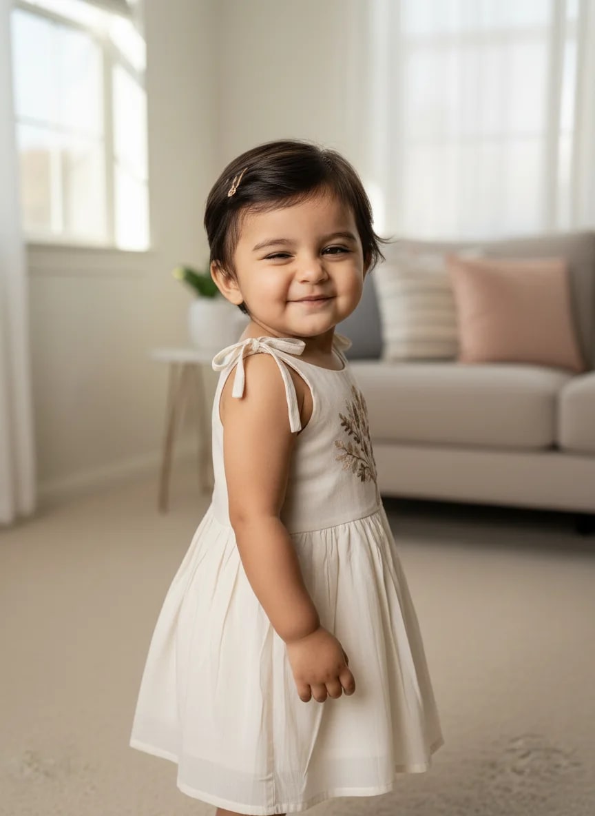 Girls Off-White Cotton Embroidered Fit & Flare Frock Dress – Leaf Bouquet Design thumbnail 3