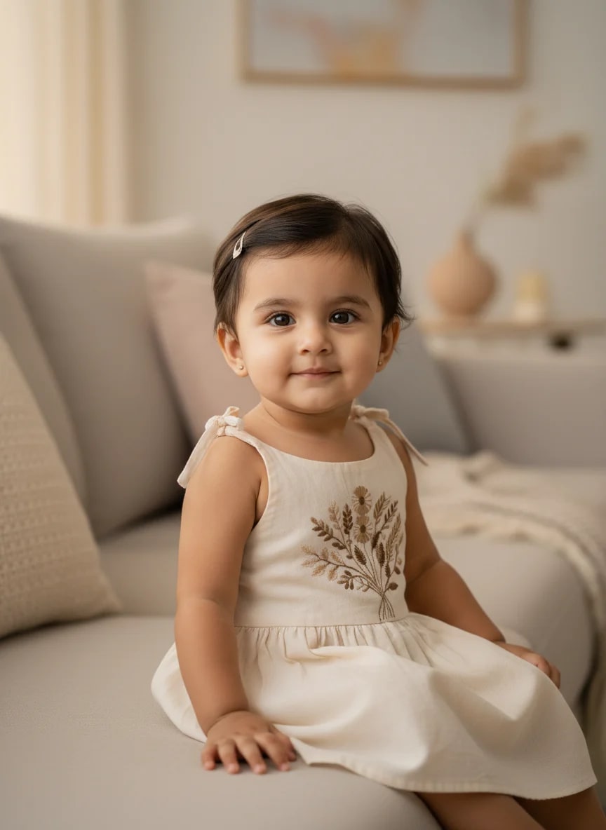 Girls Off-White Cotton Embroidered Fit & Flare Frock Dress – Leaf Bouquet Design thumbnail 4