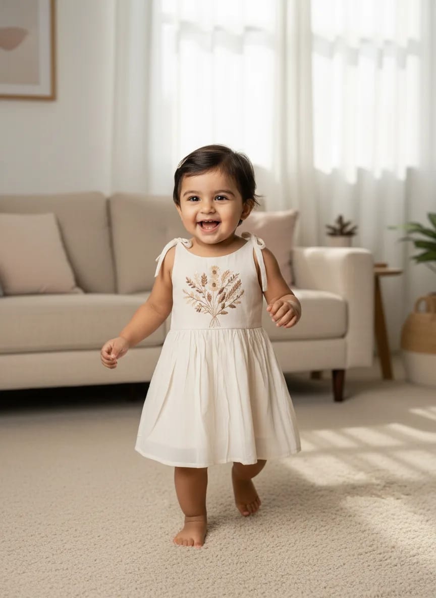 Girls Off-White Cotton Embroidered Fit & Flare Frock Dress – Leaf Bouquet Design thumbnail 5
