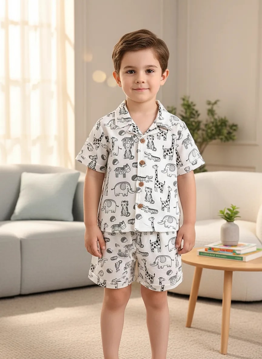 Boys Printed Nightwear Shirt & Shorts Set – Soft Poly Cotton Comfort