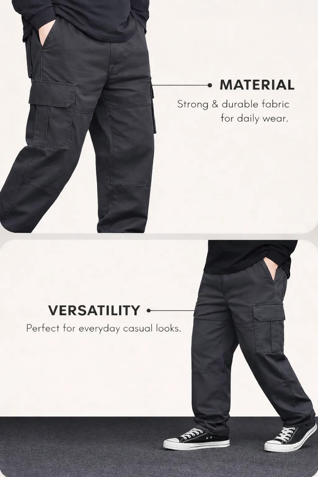 Men’s Black Cargo Pants – Durable Everyday Utility Wear thumbnail 4