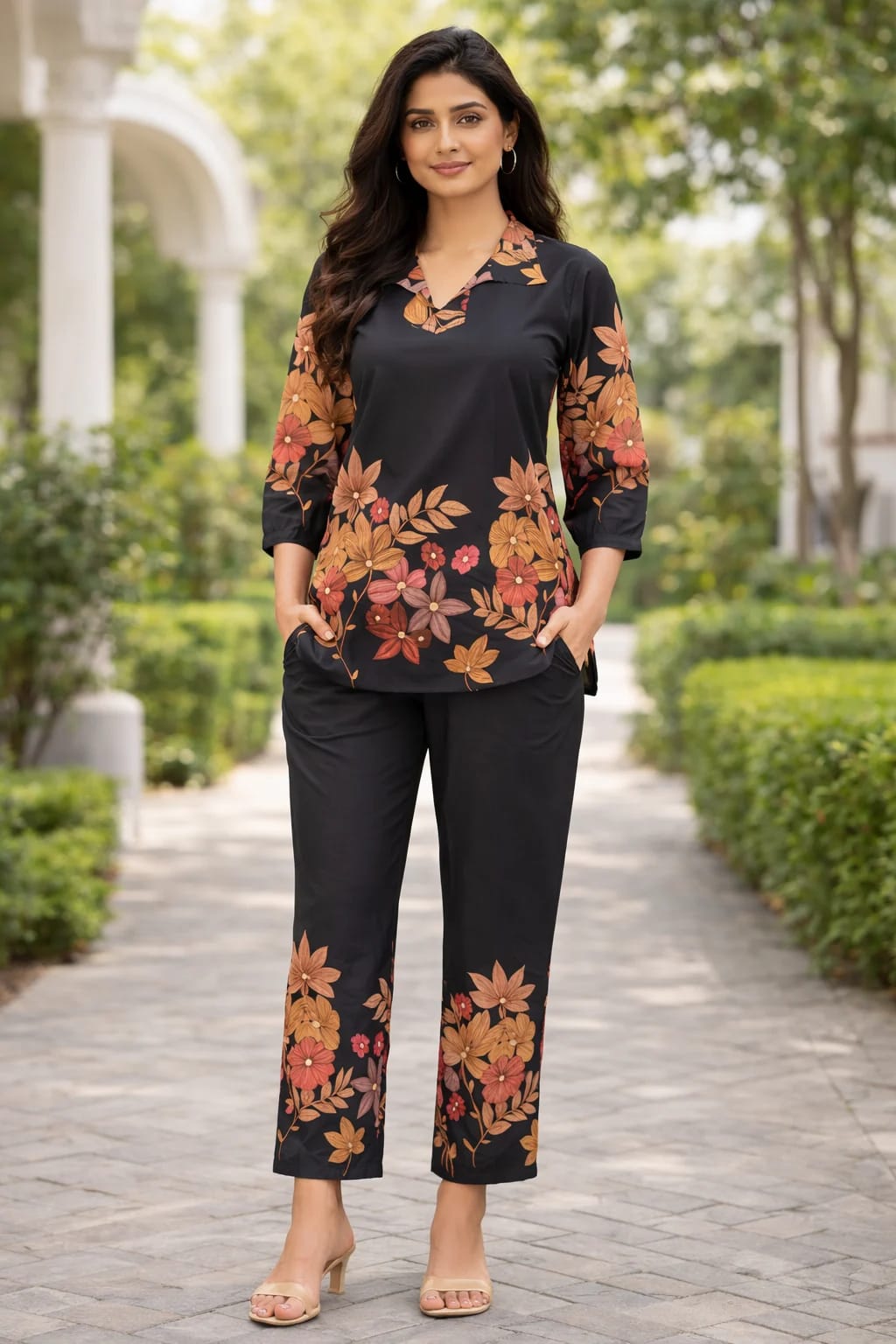 Floral printed cotton blend co-ord set with button-down top and matching trousers. thumbnail 2