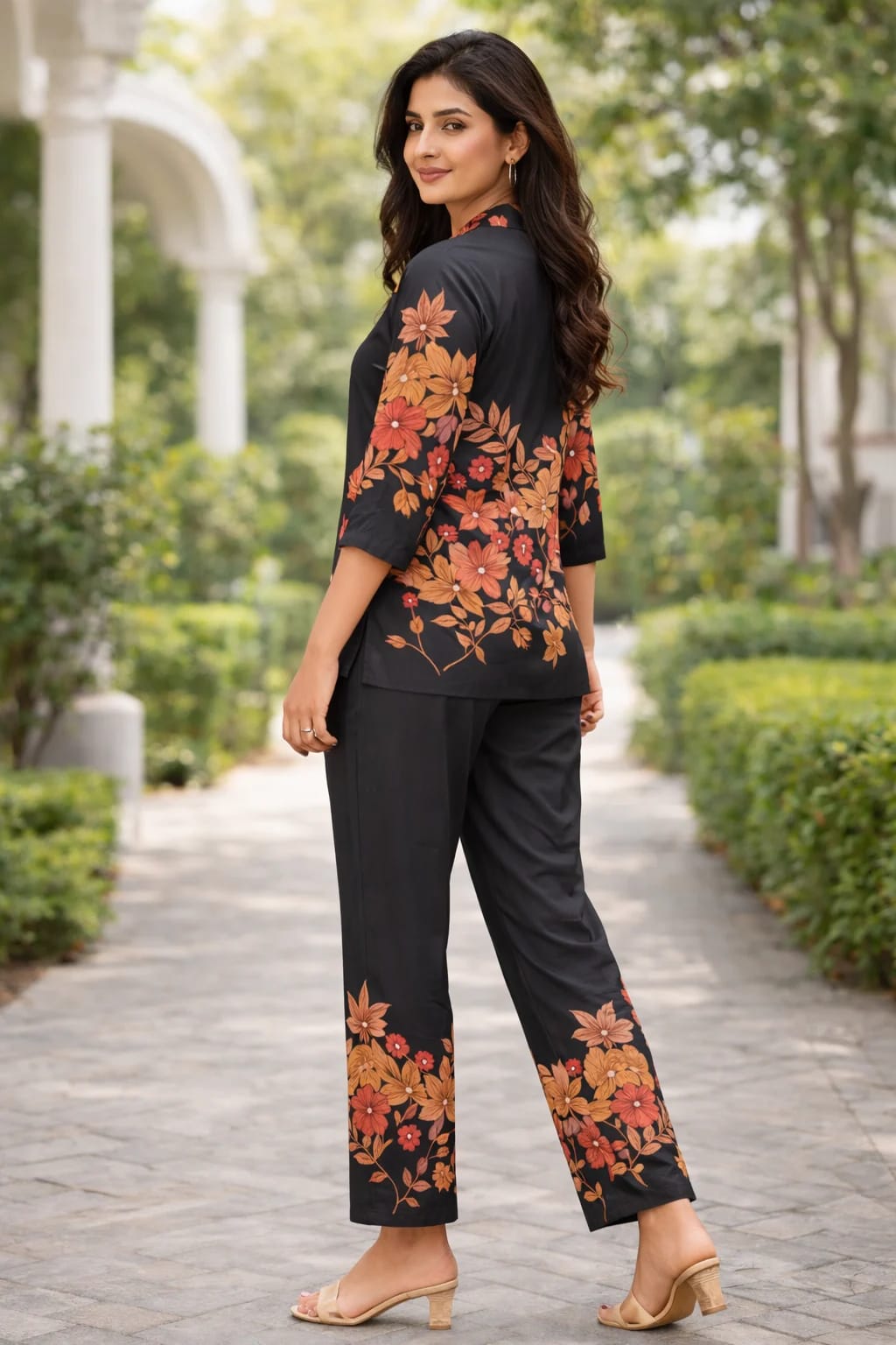 Floral printed cotton blend co-ord set with button-down top and matching trousers. thumbnail 3