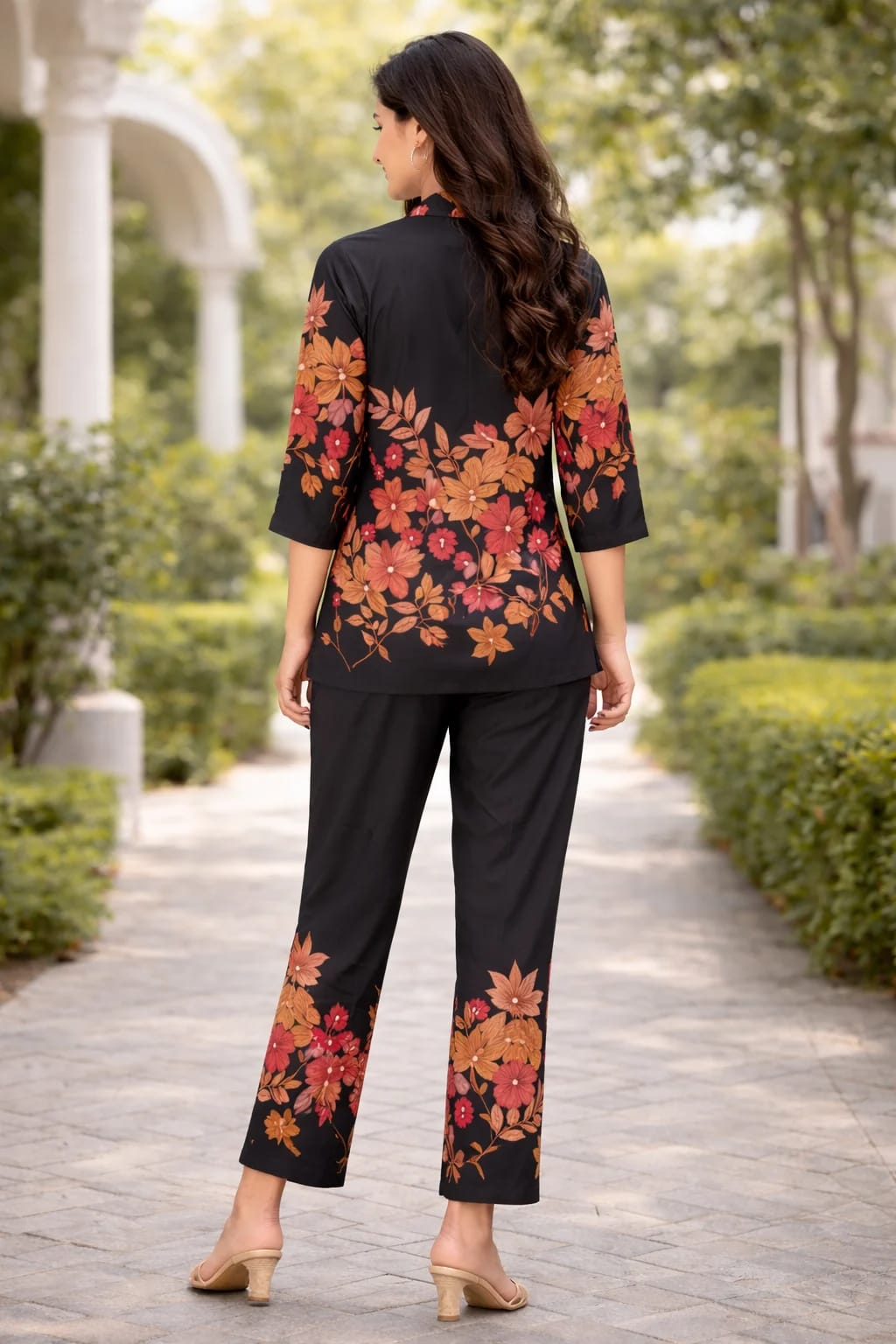 Floral printed cotton blend co-ord set with button-down top and matching trousers. thumbnail 4