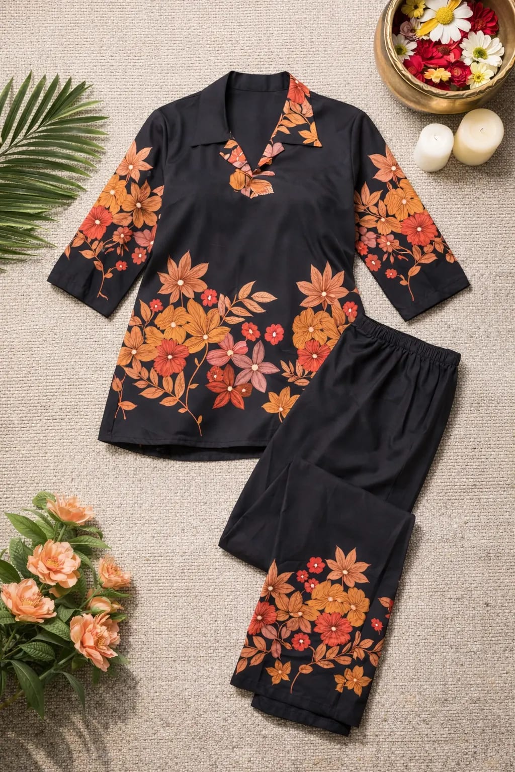 Floral printed cotton blend co-ord set with button-down top and matching trousers. thumbnail 5