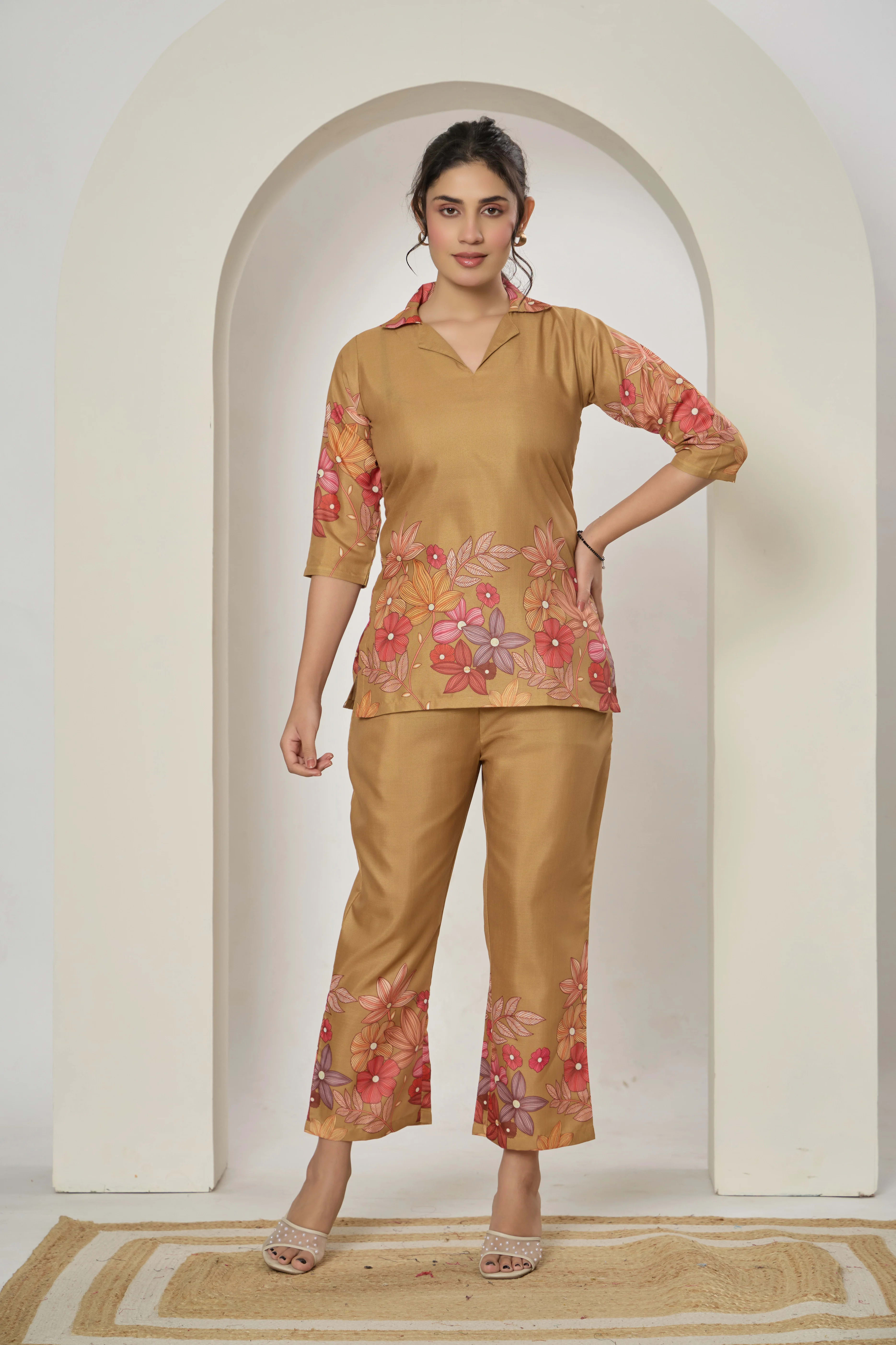 Floral printed cotton blend co-ord set with button-down top and matching trousers. thumbnail 1