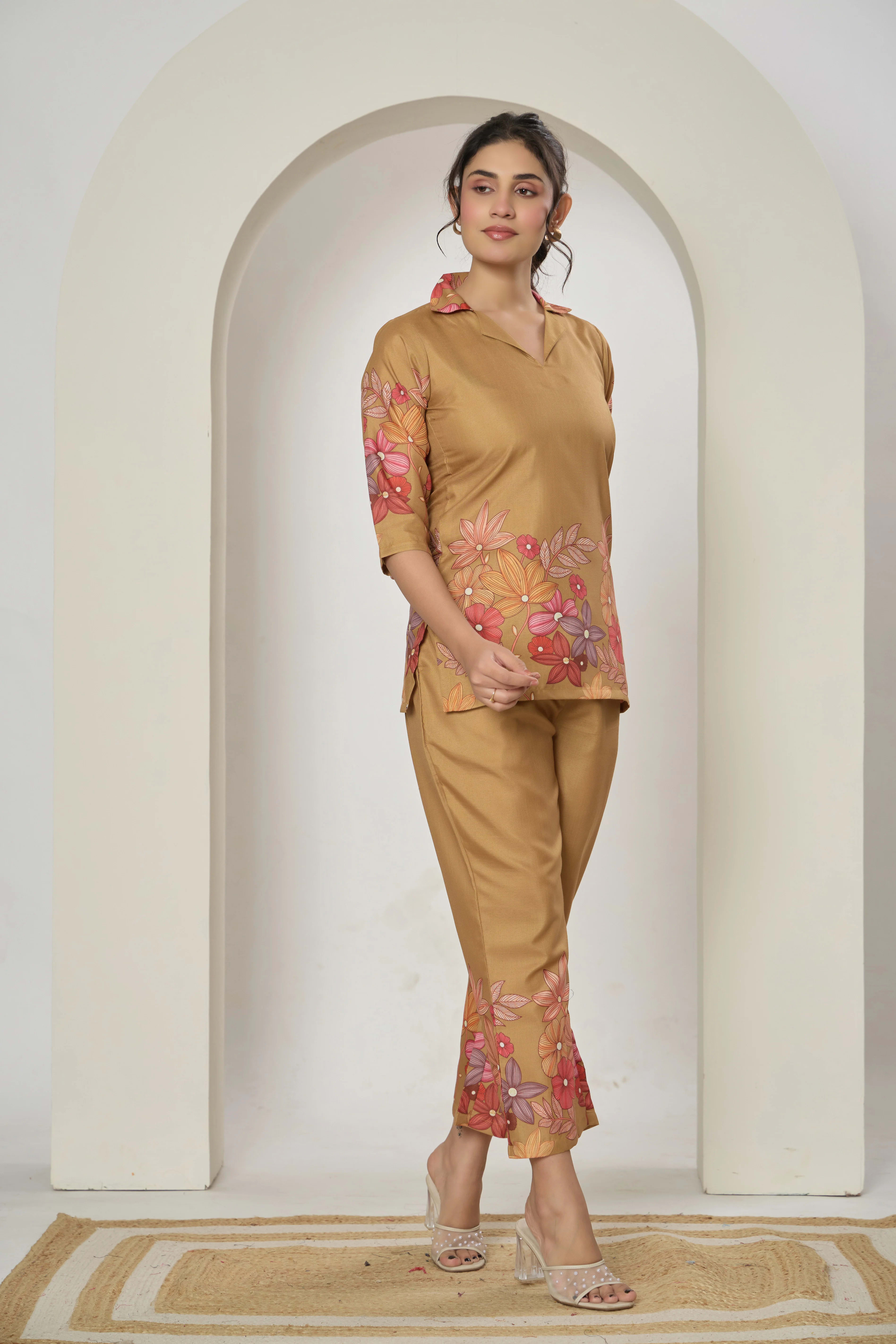 Floral printed cotton blend co-ord set with button-down top and matching trousers. thumbnail 2