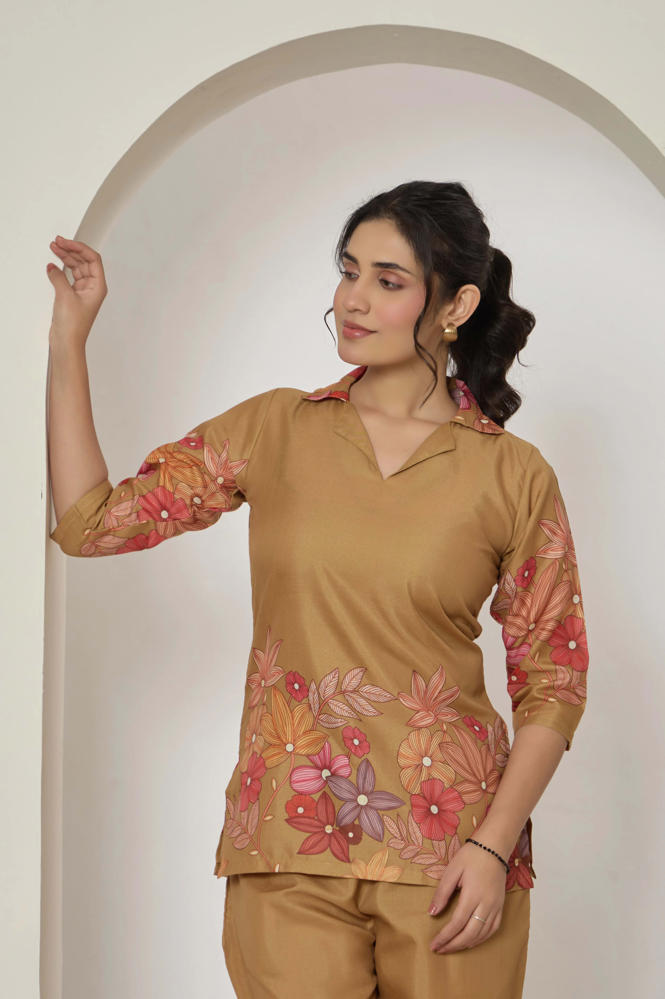 Floral printed cotton blend co-ord set with button-down top and matching trousers. thumbnail 3