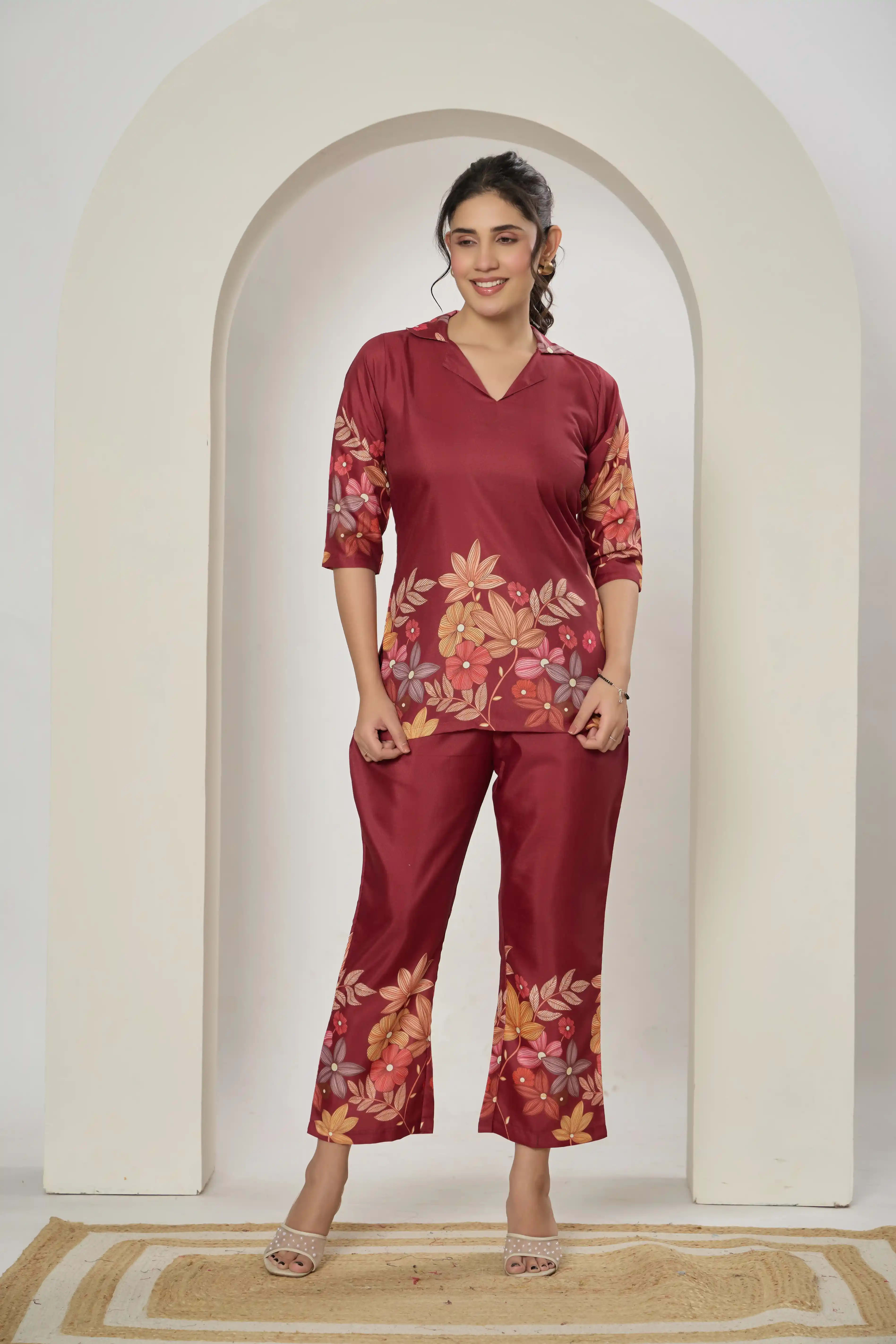Floral printed cotton blend co-ord set with button-down top and matching trousers. thumbnail 1
