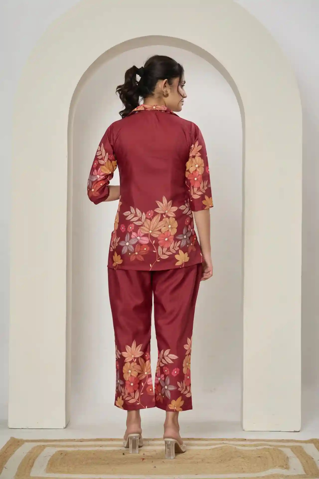 Floral printed cotton blend co-ord set with button-down top and matching trousers. thumbnail 2